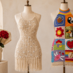 Dois vestidos de crochê expostos em manequins, um modelo cru com franjas e outro colorido em squares, ao lado de um buquê de flores de crochê em vaso.