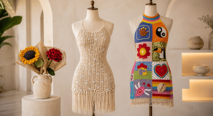 Dois vestidos de crochê expostos em manequins, um modelo cru com franjas e outro colorido em squares, ao lado de um buquê de flores de crochê em vaso.