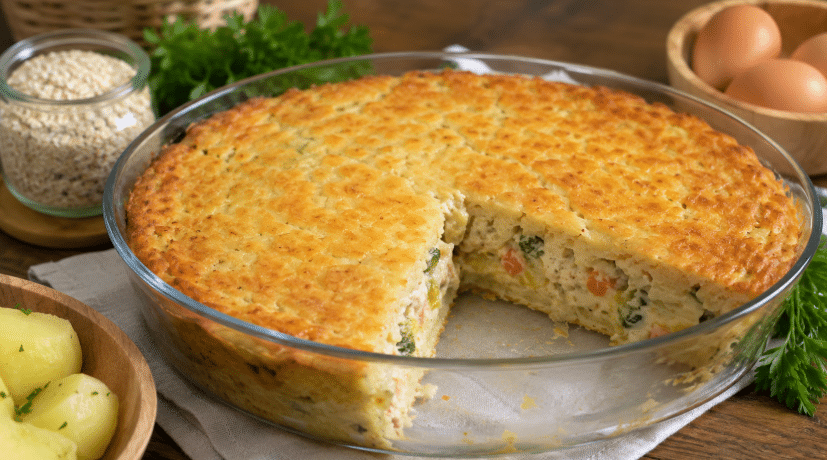 Torta salgada caseira feita com massa sem farinha tradicional, dourada por cima e com fatia cortada mostrando recheio cremoso de legumes e queijo.