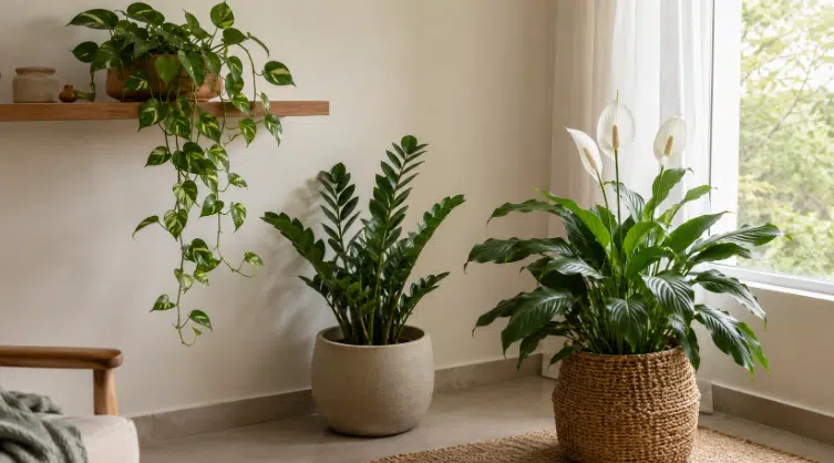 Três plantas de sombra em ambiente interno claro: jiboia pendente em prateleira, zamioculca em vaso no chão e lírio-da-paz florido perto da janela.