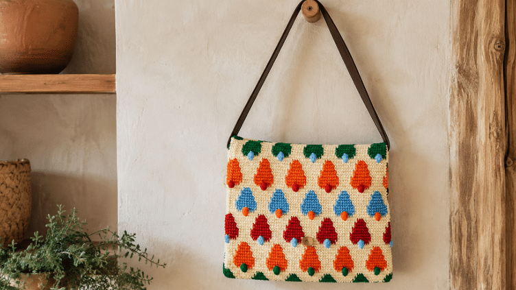 Bolsa de crochê retangular com estampa colorida de cajus em tons de laranja, vermelho, azul e verde, pendurada em uma parede clara de estilo rústico.