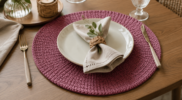 Sousplat redondo de crochê em tom rosado sobre mesa de madeira, com prato branco, guardanapo bege, talheres e decoração suave em uma mesa posta.