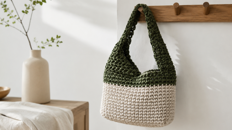 Bolsa de crochê com base bege e parte superior verde, pendurada em cabideiro de madeira sobre parede clara em ambiente minimalista.