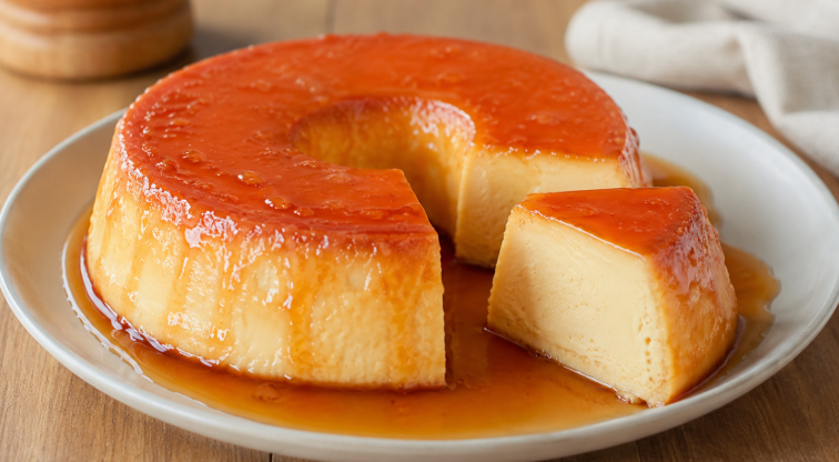 Pudim de leite condensado desenformado em prato claro, com calda caramelizada escorrendo pelas laterais e uma fatia cortada mostrando o interior cremoso.