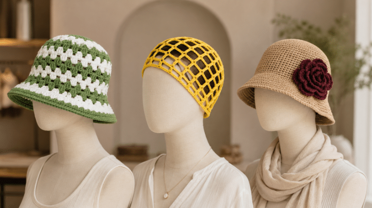Três manequins sem rosto lado a lado usando chapéus de crochê: um bucket hat verde e branco, um headpiece amarelo vazado e um chapéu bege com flor vinho.