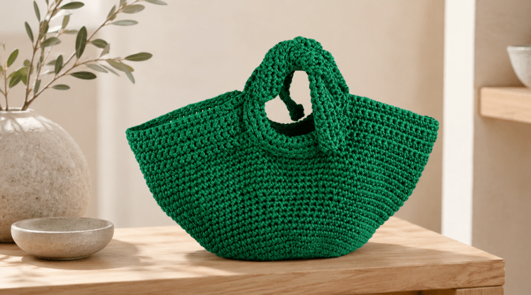 Bolsa de crochê verde esmeralda, com alças integradas e formato estruturado, apoiada sobre bancada de madeira em ambiente neutro e minimalista.