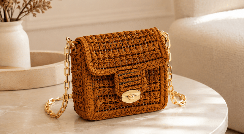 Bolsa de crochê estruturada em tom caramelo, com ponto vazado, aba frontal, fecho dourado e alça de corrente, apoiada sobre mesa clara em ambiente sofisticado.