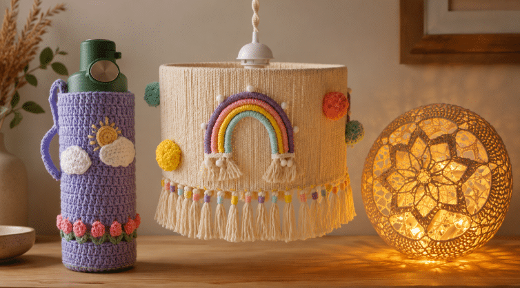 Ambiente interno aconchegante com três objetos artesanais: capa de garrafa em crochê lilás, luminária pendente com arco-íris e franja, e luminária esférica de crochê iluminada.