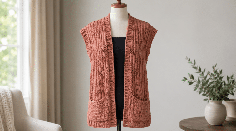 Manequim sem rosto usando colete aberto em crochê rosa queimado, com textura em relevo, bolsos frontais e blusa preta por baixo.