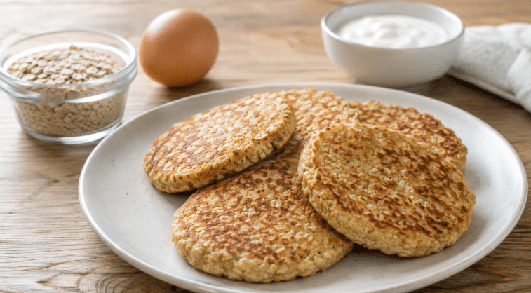 Pãezinhos de aveia dourados servidos em prato claro sobre mesa de madeira, com aveia, ovo e iogurte ao lado.