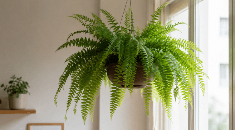 Samambaia em vaso suspenso dentro de apartamento, com folhas verdes longas e pendentes próxima a uma janela iluminada por luz natural indireta.