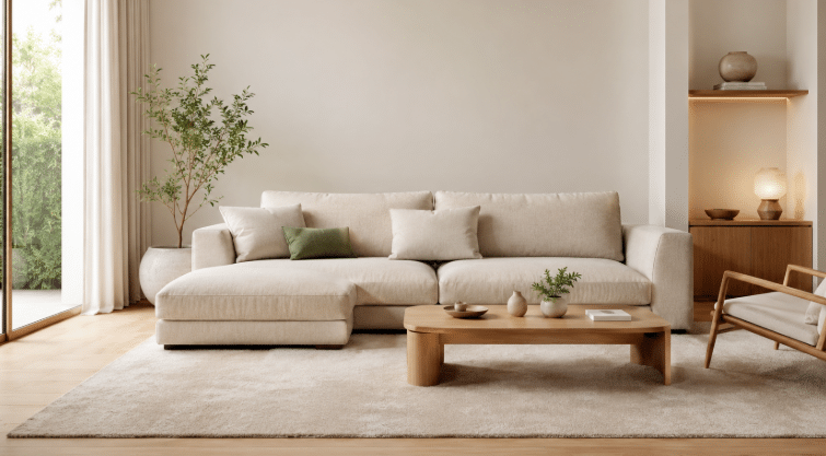Sala minimalista com sofá bege, tapete neutro, mesa de centro de madeira clara, planta ao lado e poucos objetos decorativos.
