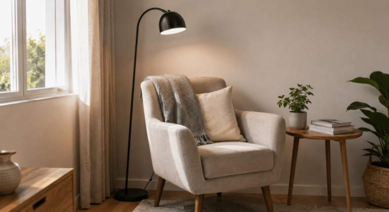 Cantinho de leitura em ambiente interno com poltrona bege, luminária de piso preta, mesinha lateral com livros, planta decorativa e luz natural pela janela.