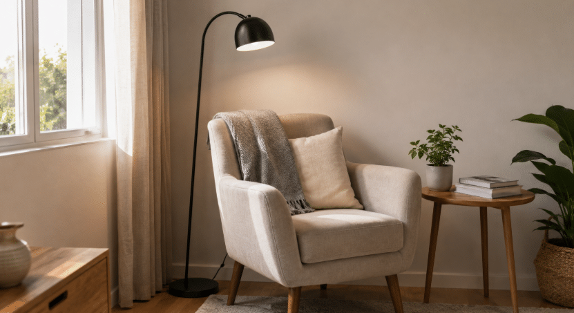 Cantinho de leitura em ambiente interno com poltrona bege, luminária de piso preta, mesinha lateral com livros, planta decorativa e luz natural pela janela.
