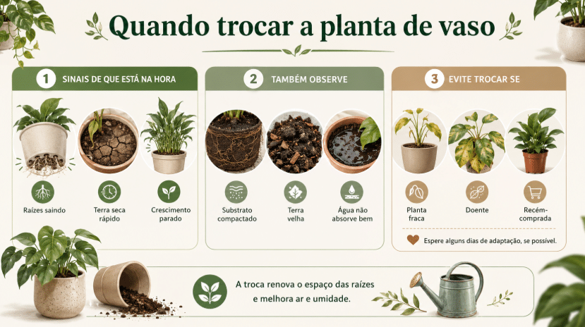 Infográfico 16:9 sobre quando trocar a planta de vaso, com ilustrações de raízes saindo, terra seca, substrato compactado, água acumulada, planta fraca, doente e recém-comprada.