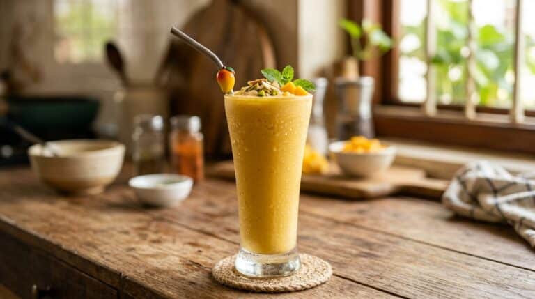 Copo alto com lassi de manga gelado, decorado com pedaços da fruta, castanhas e hortelã, sobre uma base de juta em uma mesa de madeira na cozinha.