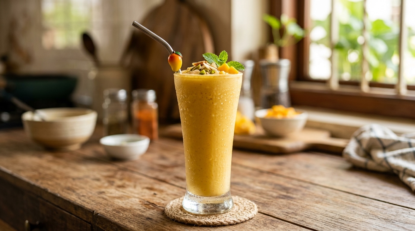 Copo alto com lassi de manga gelado, decorado com pedaços da fruta, castanhas e hortelã, sobre uma base de juta em uma mesa de madeira na cozinha.