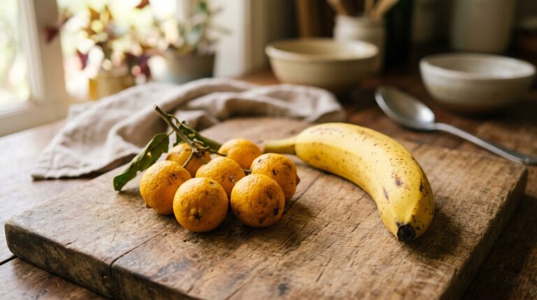 Pequenos frutos amarelos de murici com folhas verdes ao lado de uma banana madura sobre uma tábua de madeira rústica em uma cozinha.
