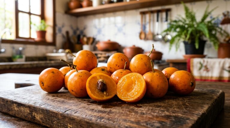 Grupo de pitombas inteiras e uma fruta cortada ao meio sobre uma tábua de madeira rústica em uma cozinha com decoração acolhedora.