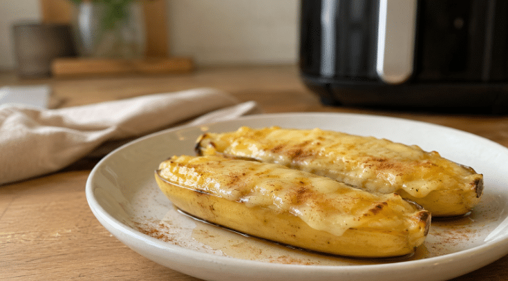 Bananas feitas na Air Fryer, cortadas ao meio e servidas em um prato claro, com queijo derretido por cima e finalização discreta de canela e mel, sobre uma mesa de madeira.