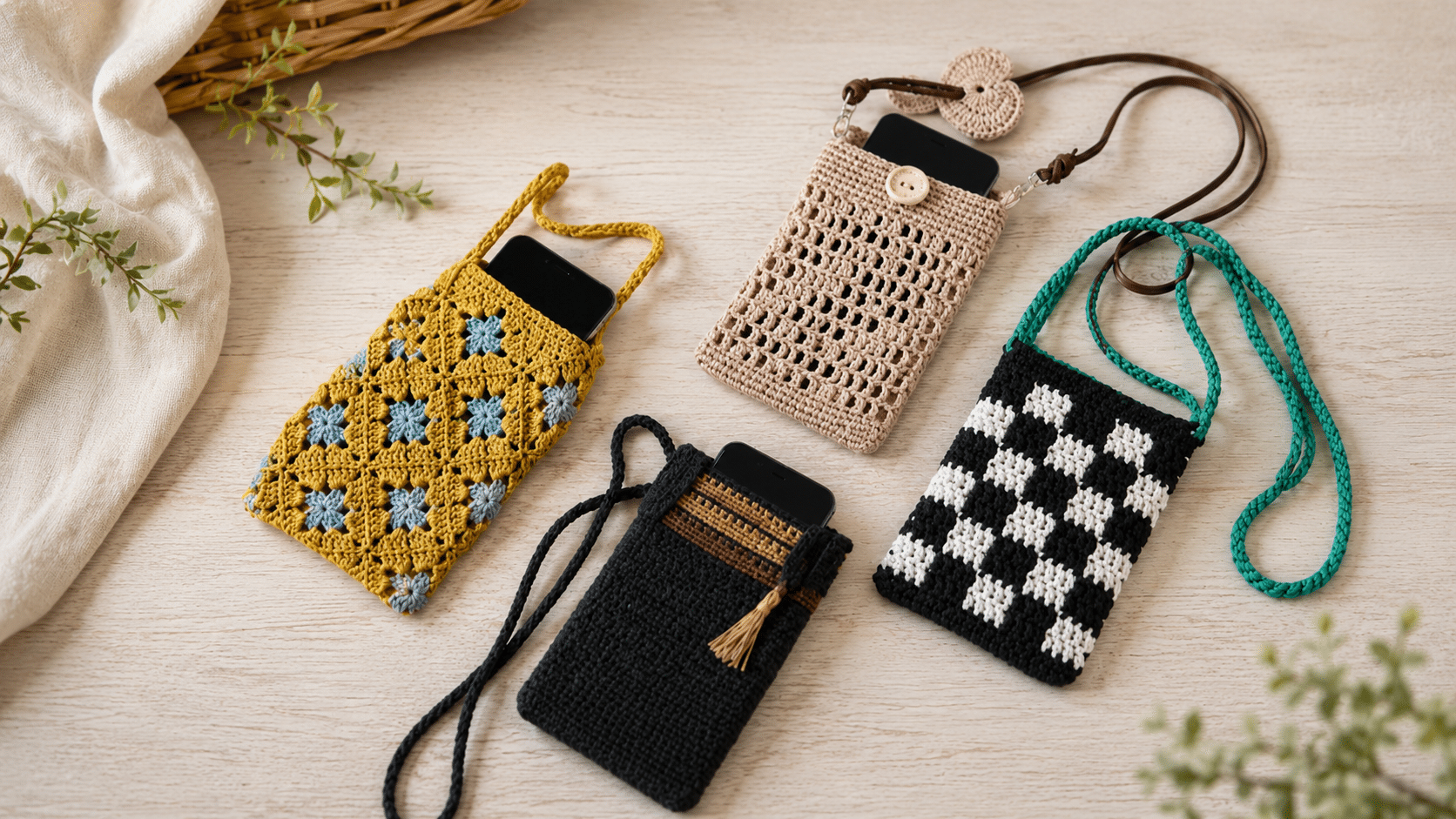 Quatro porta celulares em crochê dispostos de forma natural sobre uma mesa clara, com modelos floral, vazado, preto com detalhe marrom e xadrez preto e branco.