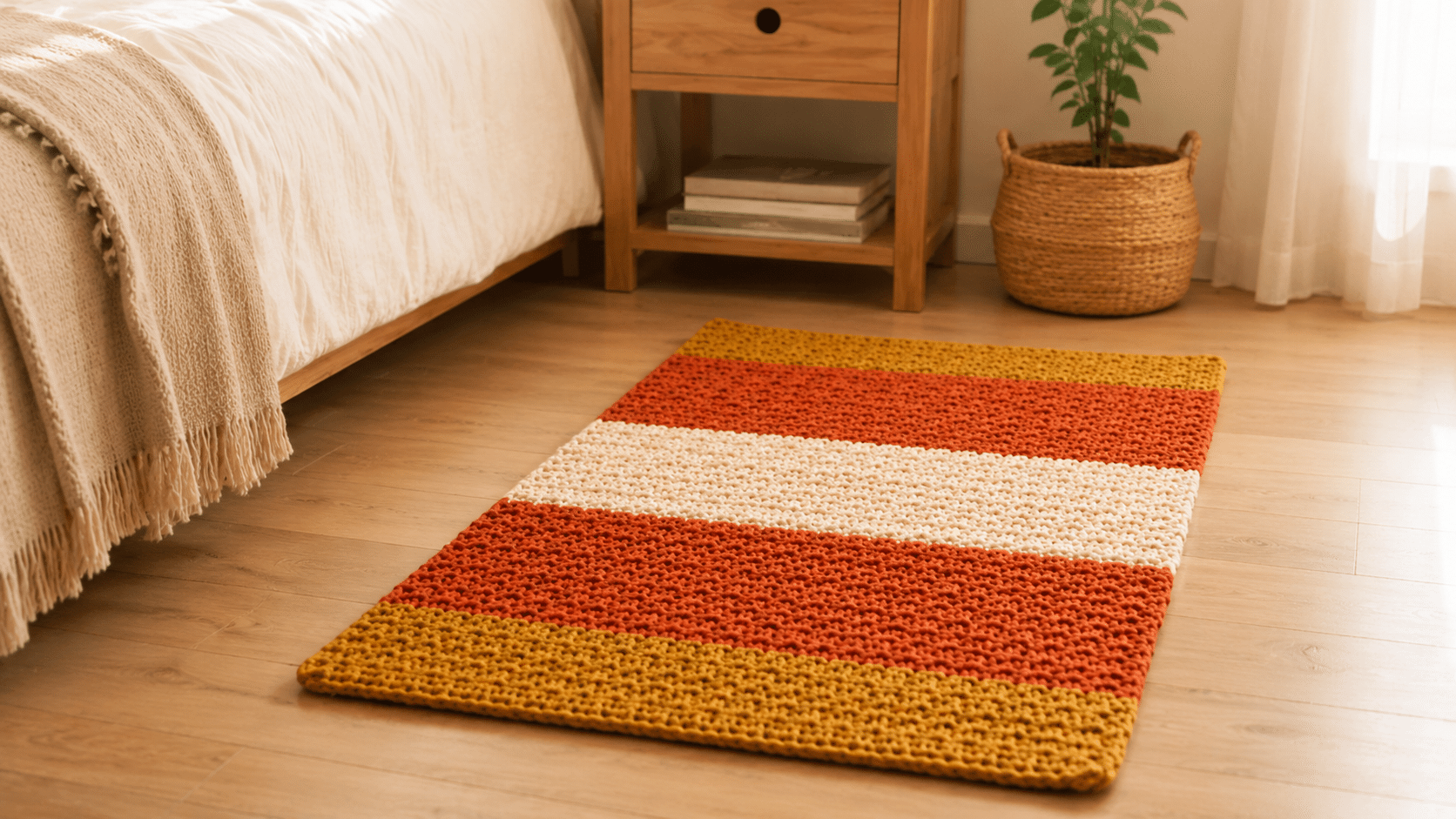 Tapete retangular de crochê com listras em tons terrosos, laranja e bege sobre piso claro, ao lado de uma cama em quarto minimalista.