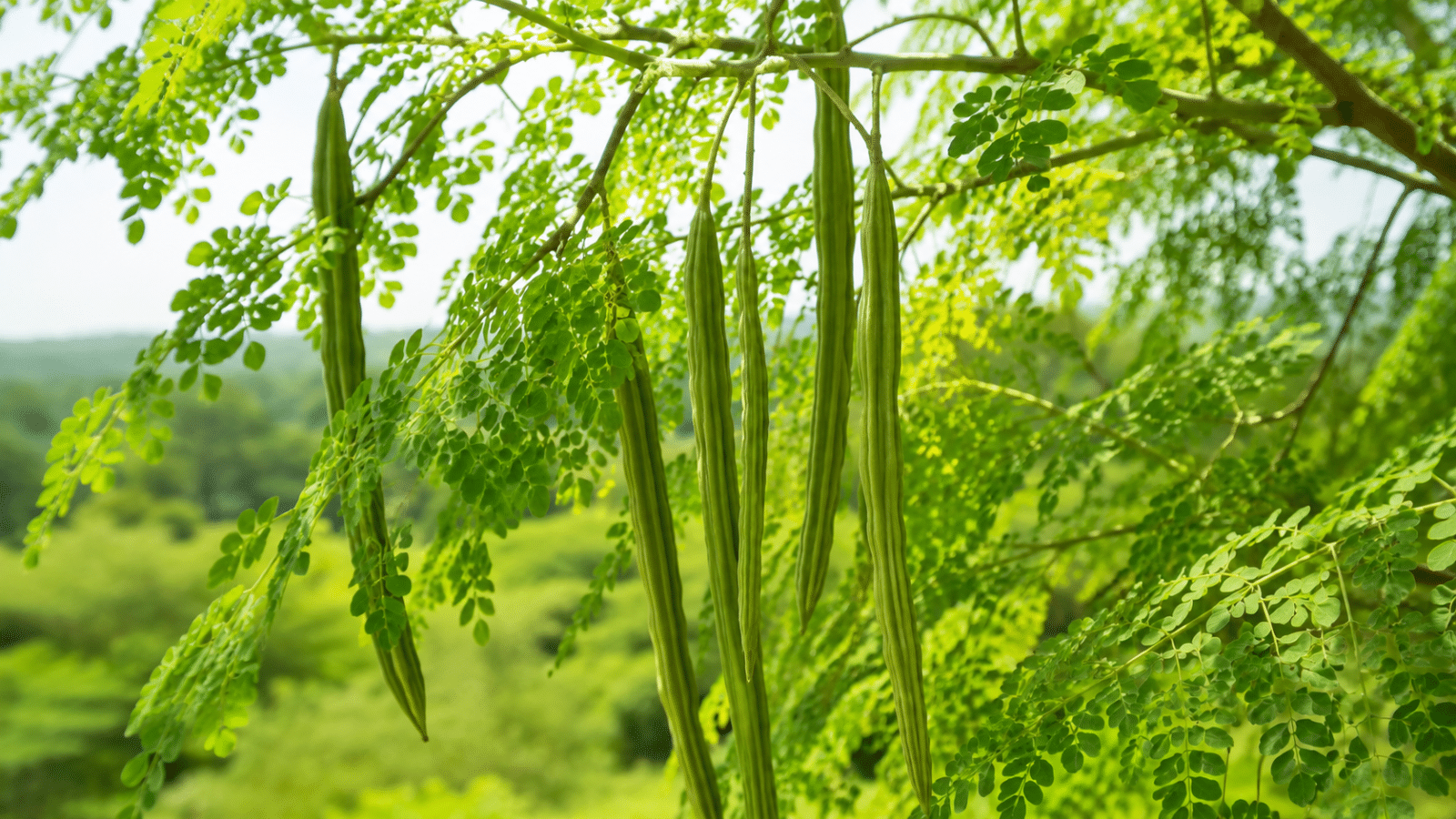 Árvore de moringa com folhas verdes e vagens longas em ambiente natural.
