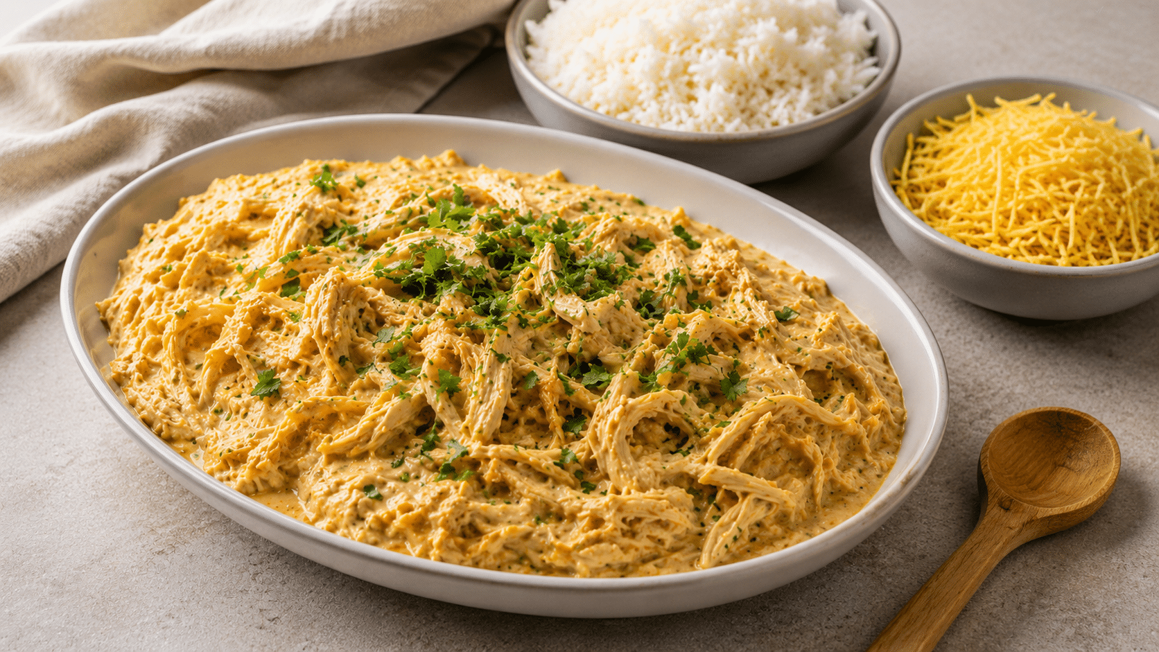 Travessa com receita defrango desfiado em mesa posta