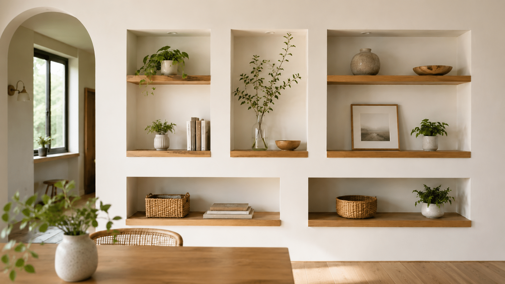 Parede clara com nichos e prateleiras de madeira clara organizados de forma minimalista, com poucos livros, cestos neutros, vasos decorativos e pequenas plantas em ambiente interno acolhedor.