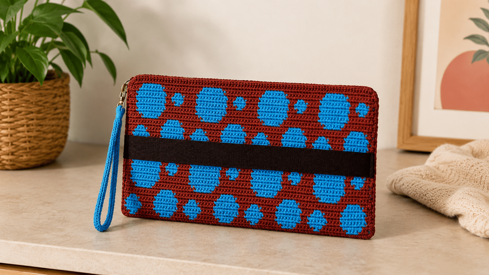 Bolsa carteira de crochê marrom com bolinhas azuis, alça lateral azul e faixa preta horizontal sobre superfície clara em ambiente minimalista.