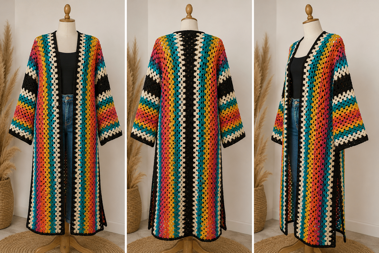 Maxi kimono de crochê colorido apresentado em três ângulos, destacando a modelagem ampla e as faixas de cores.